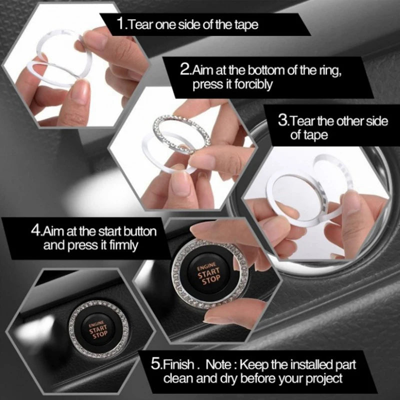 New Car One-key Start Button Decoration Ring with Diamond Rhinestone Circle Start Stop Switch Ring Car Interior Accessories