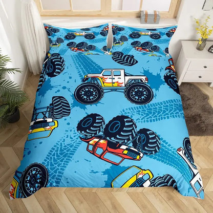 Truck Excavator Duvet Cover Set Queen Size for Kids Nursery Cartoon Tractor Engineering Vehicle Construction Theme Bedding Set