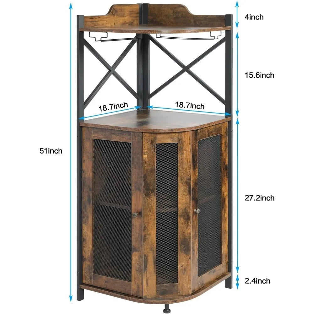 Corner Bar Cabinet With Glass Holder Wine Refrigerator Home Bar for Liquor and Wine Storage Rustic Brown freight Free