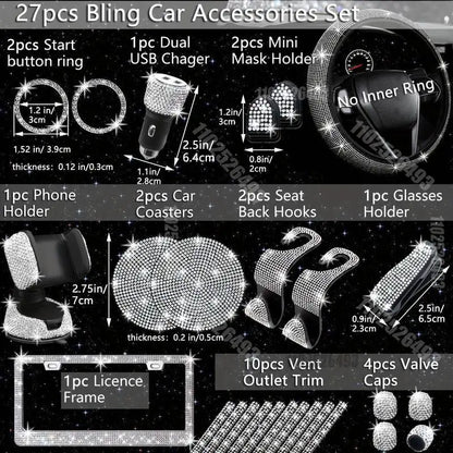 Car Accessories Set 27/4Piece Women Bling Universal Fit Polyester Steering Cover Shiny License Frame Phone Holder Coasters Tools