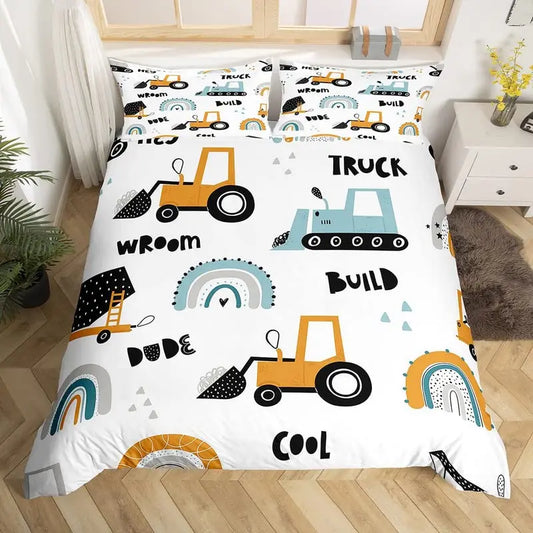 Truck Excavator Duvet Cover Set Queen Size for Kids Nursery Cartoon Tractor Engineering Vehicle Construction Theme Bedding Set