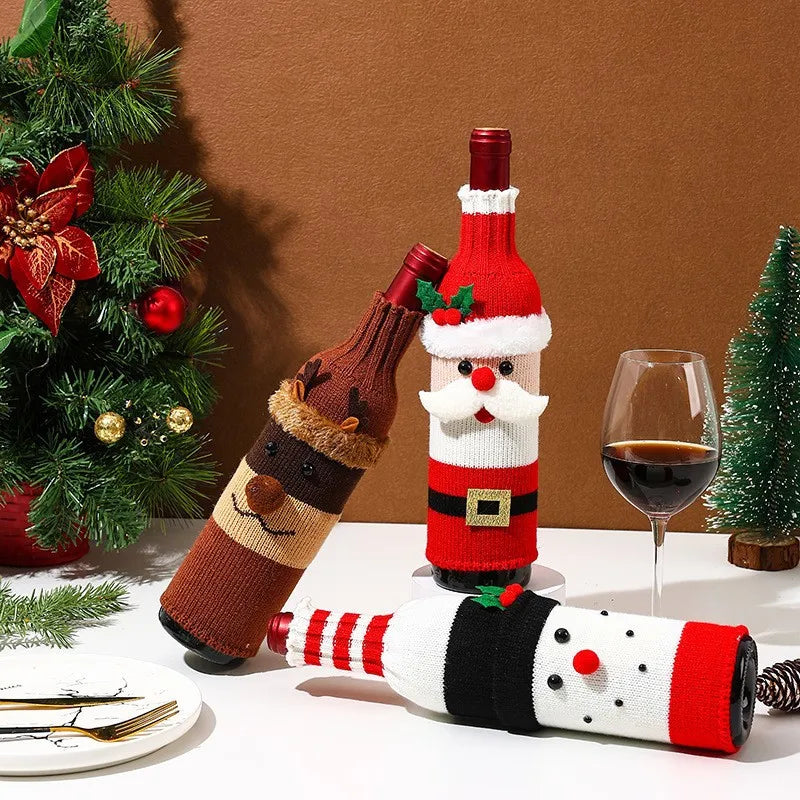 Christmas Wine Bottle Cover Set Santa Snowman Woven Wine Bottle Bags For Christmas Party Decorations For Home New Year Gifts