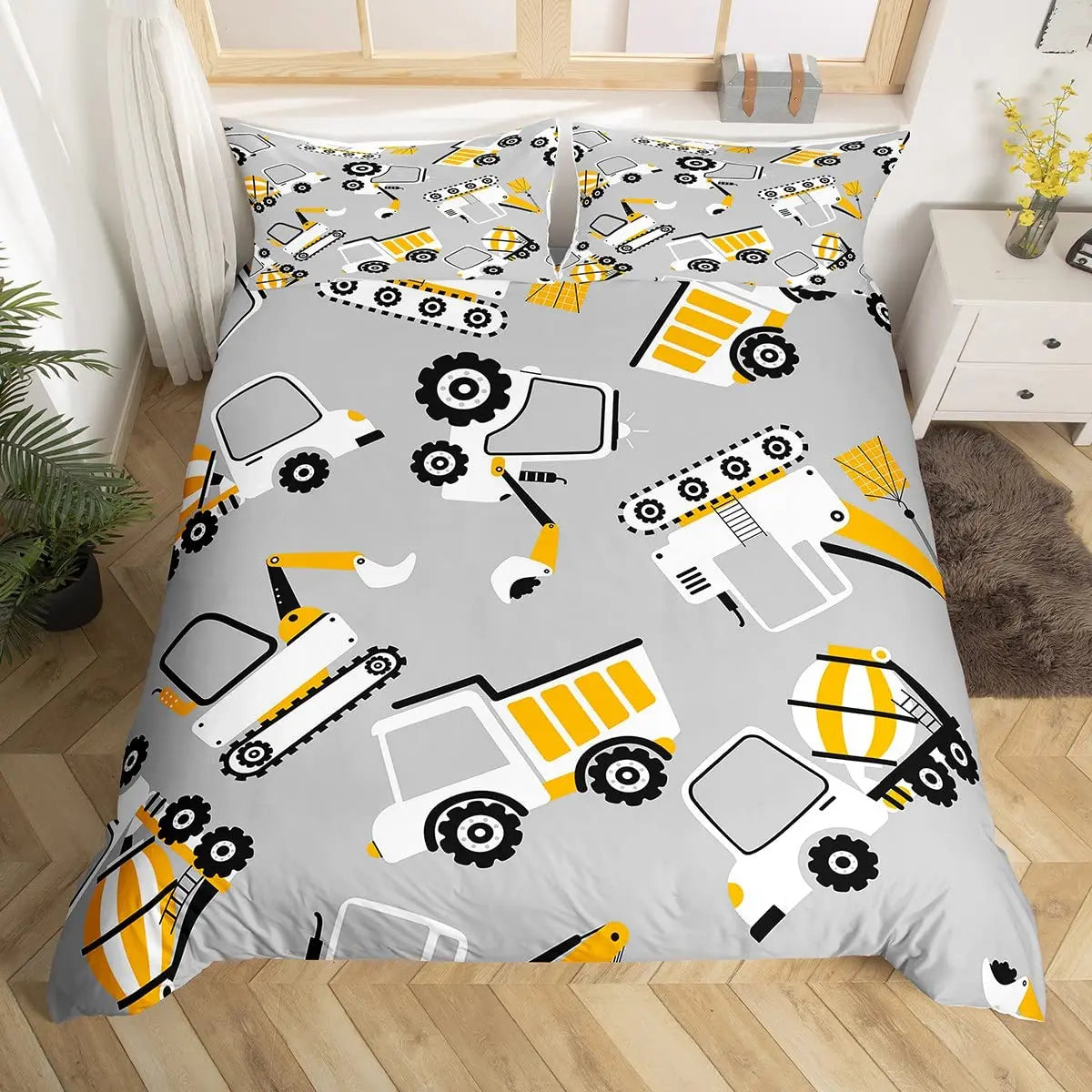 Truck Excavator Duvet Cover Set Queen Size for Kids Nursery Cartoon Tractor Engineering Vehicle Construction Theme Bedding Set