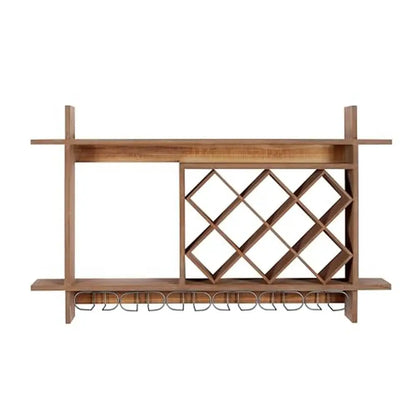 Wall Mounted Wood Geometric Wine Rack with Glass Holder Slots Brown MDF and Iron Construction Farmhouse Style 34"x8"x20" Holds 8