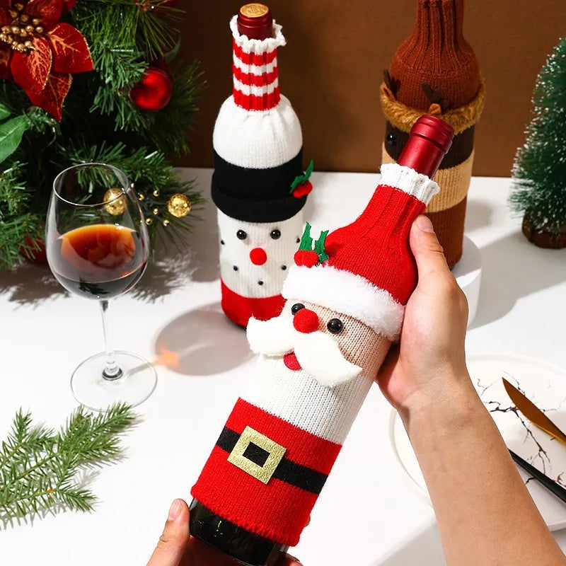 Christmas Wine Bottle Cover Set Santa Snowman Woven Wine Bottle Bags For Christmas Party Decorations For Home New Year Gifts