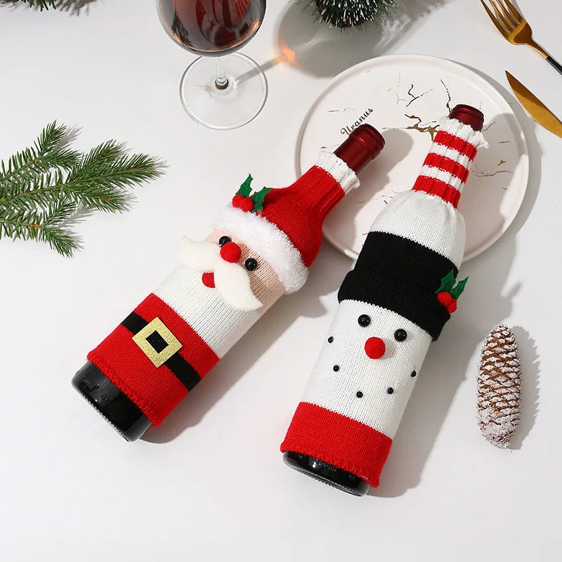 Christmas Wine Bottle Cover Set Santa Snowman Woven Wine Bottle Bags For Christmas Party Decorations For Home New Year Gifts