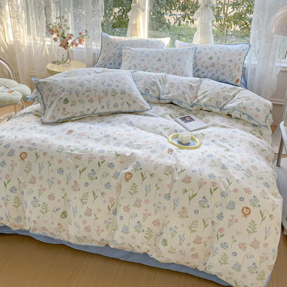 Pastoral Girls Flower Bedding Sets, Washed Cotton Bed Linens, Soft Quilt Cover Sheet Set, Simple Bedspread, Home Textiles