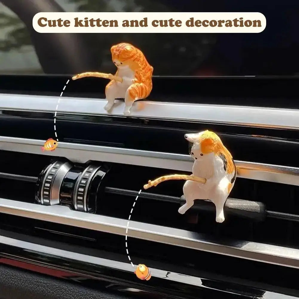 Cute Car Accessories Interior Fishing Cat Kawaii Funny Kitten Anime Decor Resin Toy Window Air Outlet Decorative Accessories