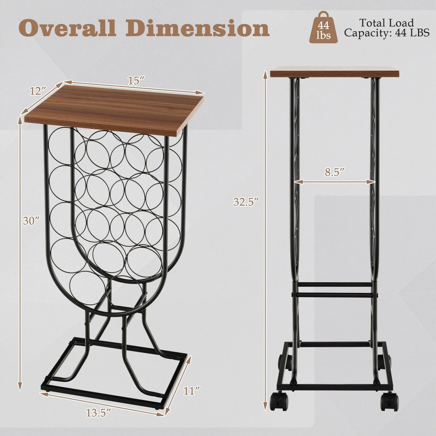 US 14 bottle wine rack console table independent wine storage with wooden roof and wheels-