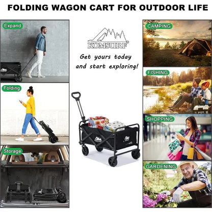 Foldable Utility Wagons Heavy Duty Folding Grocery Cart on Wheels, 200 lbs Capacity with Side Pockets for Garden, Shopping