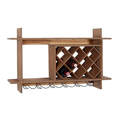 Wall Mounted Wood Geometric Wine Rack with Glass Holder Slots Brown MDF and Iron Construction Farmhouse Style 34"x8"x20" Holds 8