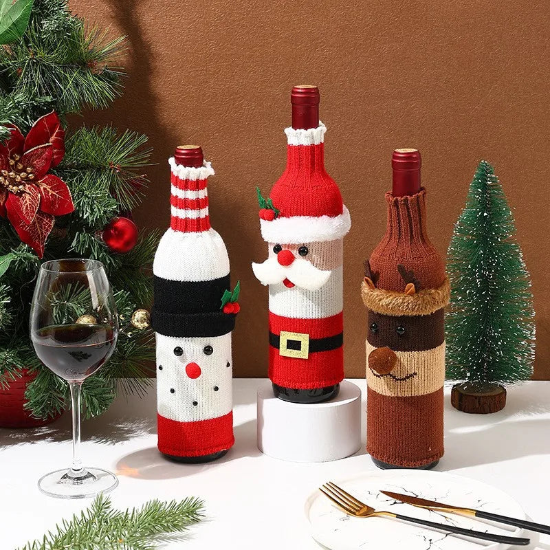 Christmas Wine Bottle Cover Set Santa Snowman Woven Wine Bottle Bags For Christmas Party Decorations For Home New Year Gifts