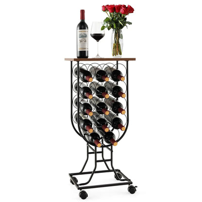 US 14 bottle wine rack console table independent wine storage with wooden roof and wheels-