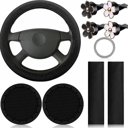 10 Pcs Leather Steering Wheel Cover For Women Cute Car Accessories Set With Seat Belt Shoulder Pads Cup Holders Car Decorations