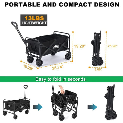 Foldable Utility Wagons Heavy Duty Folding Grocery Cart on Wheels, 200 lbs Capacity with Side Pockets for Garden, Shopping