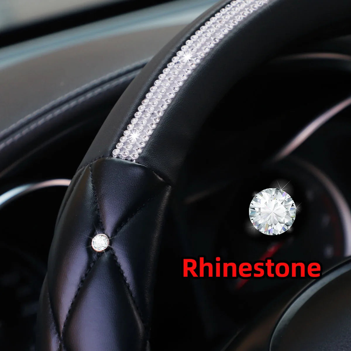 1 Stereo Leather Inset Faux Diamond Flash Blingbling Car with Inner Ring Steering Wheel Cover for 14.5-15 Inch Car Accessories