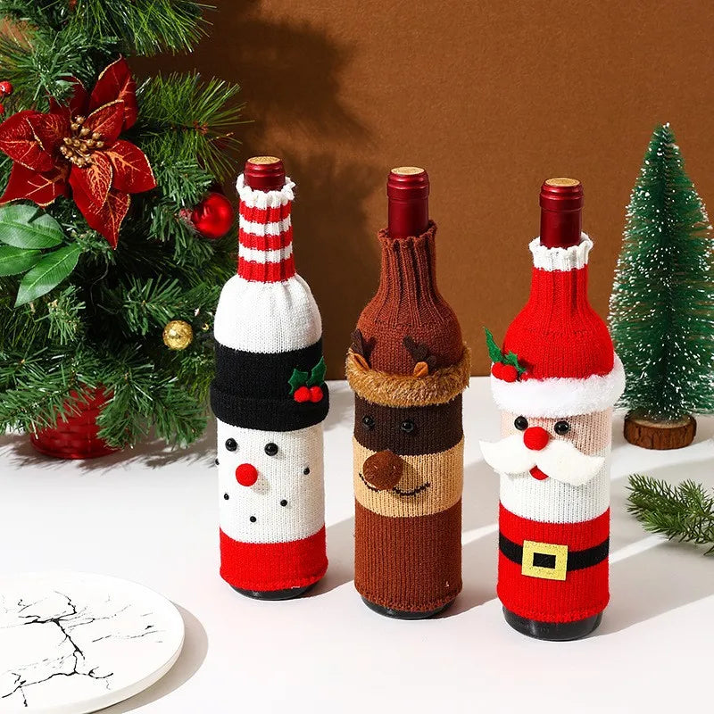 Christmas Wine Bottle Cover Set Santa Snowman Woven Wine Bottle Bags For Christmas Party Decorations For Home New Year Gifts