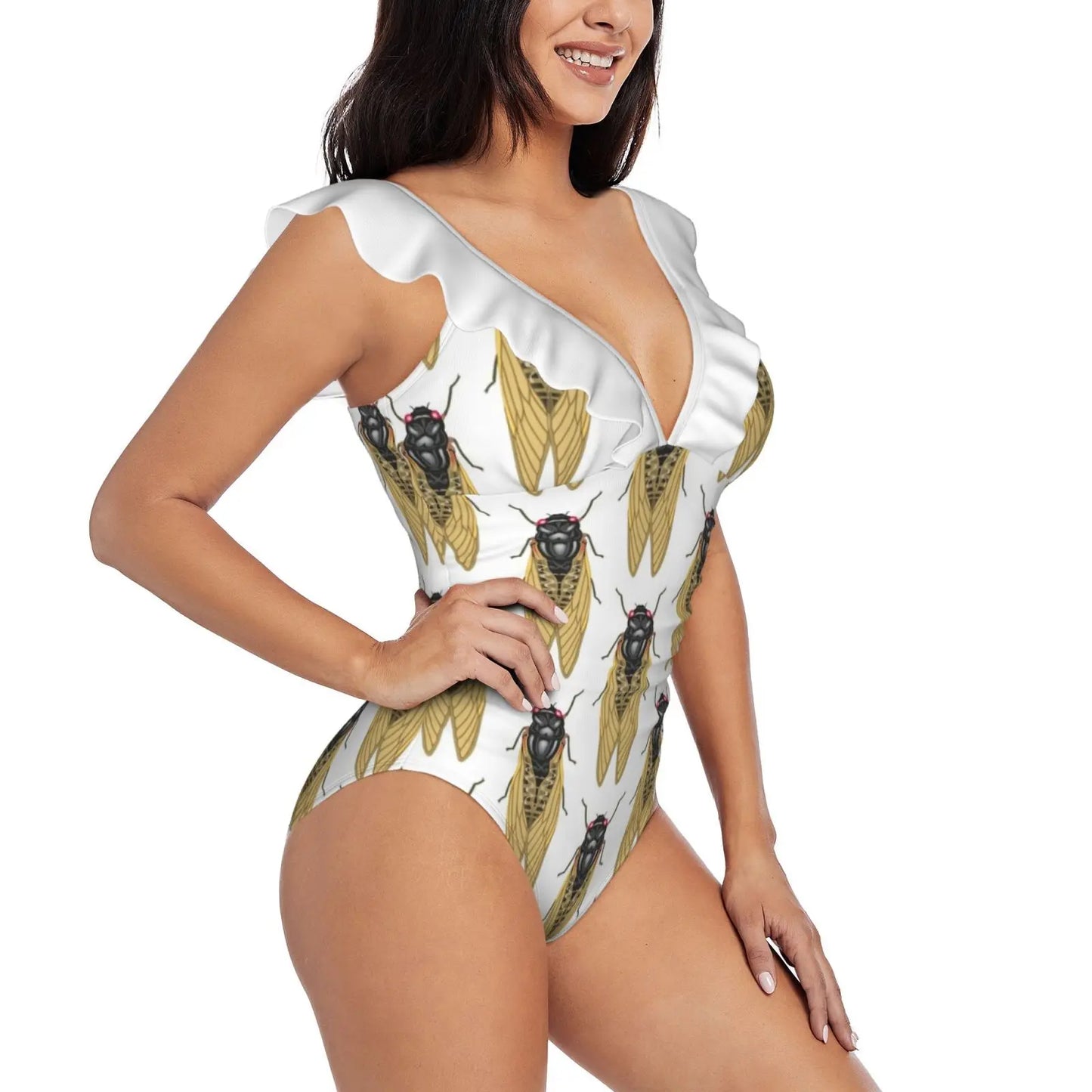 Cicada Ruffle One Piece Swimsuit Women Swimwear Push Up Monokini Sexy Print Bathing Suit Cicadoidea Cicada Cicadas Insect